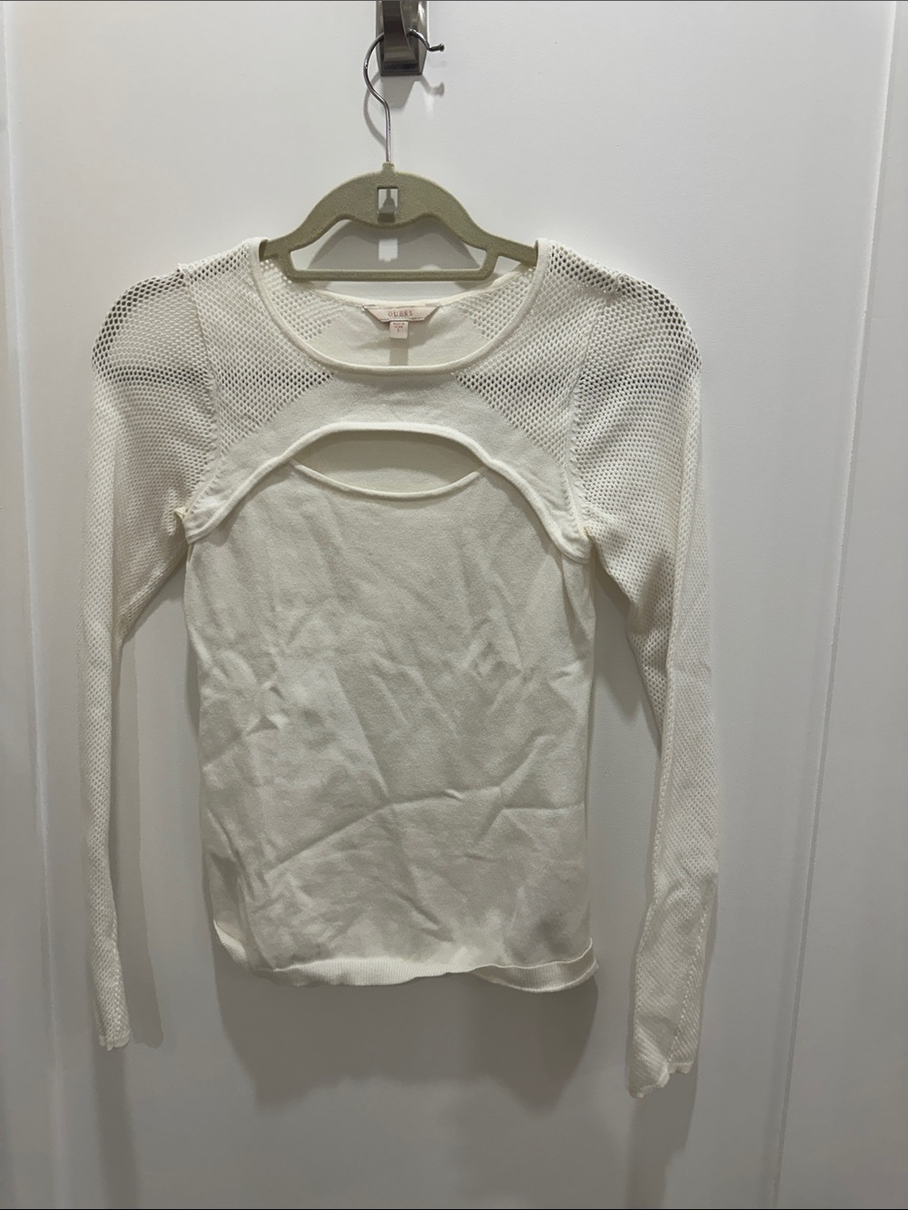 Guess Cutout Mesh Sleeve Long-Sleeve Top in Ivory